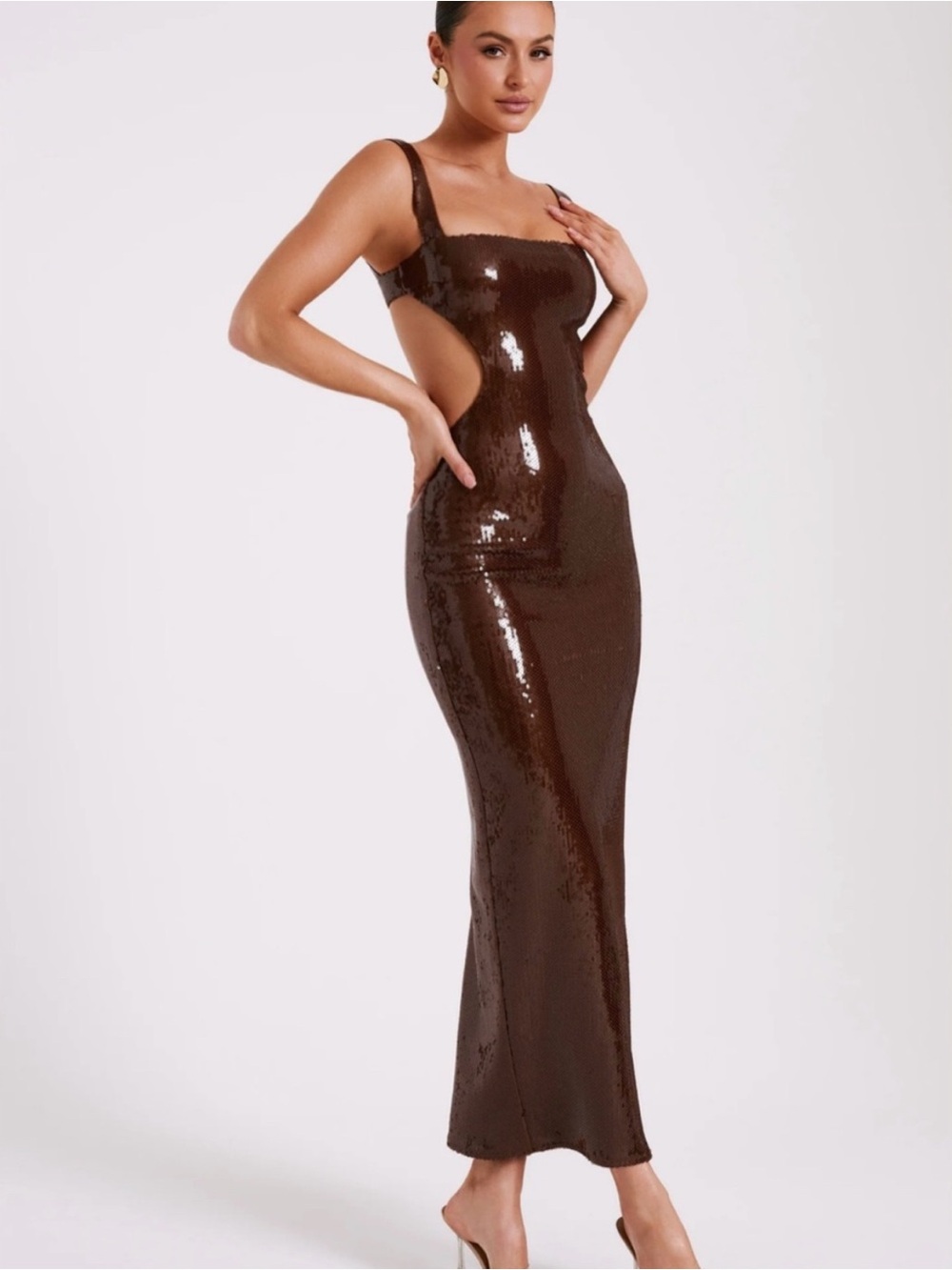 Meshki Chocolate Brown Sequin Cutout Maxi Dress